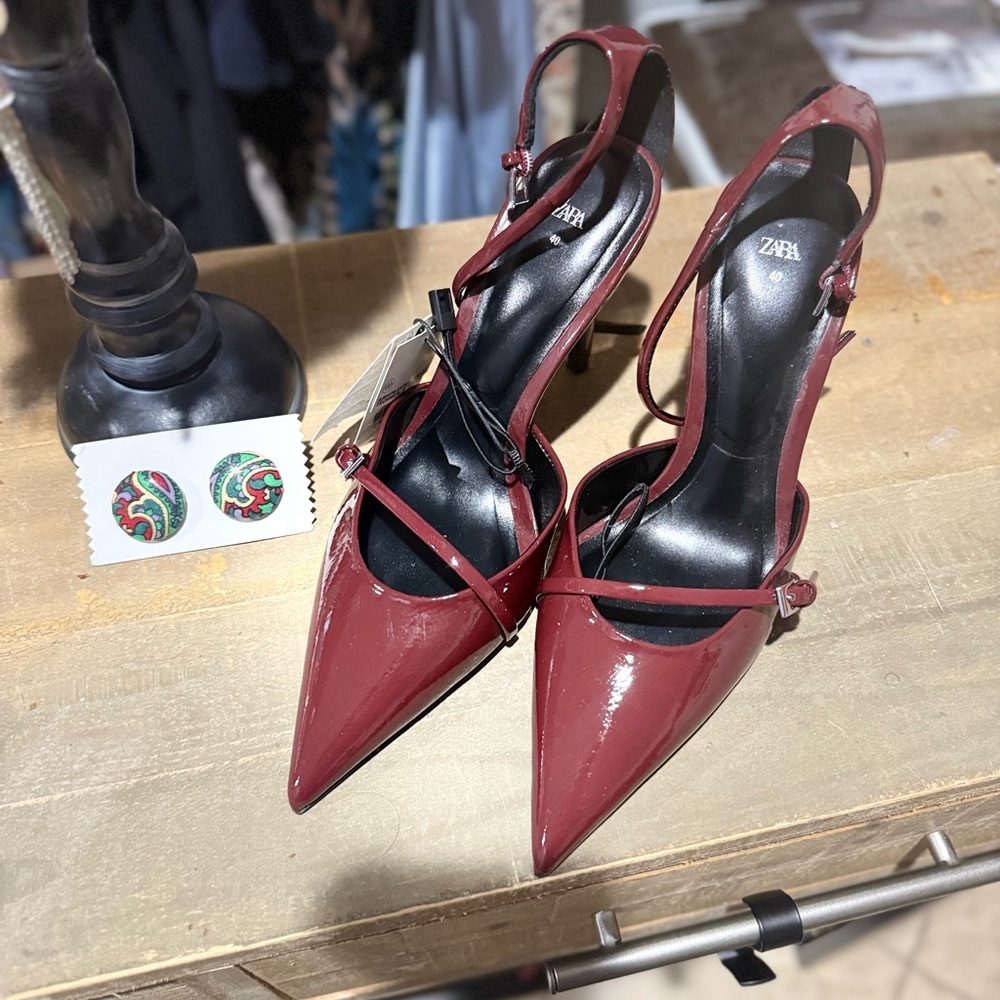 Zara Burgundy Patent Pointed-Toe Slingback Heels